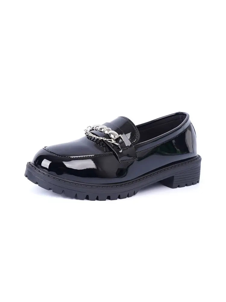 Women's Black Metal Chain Platform Loafers