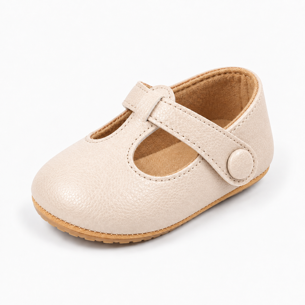 Apricot baby bow leather princess ballet flats, premium product photo with soft sole and button strap