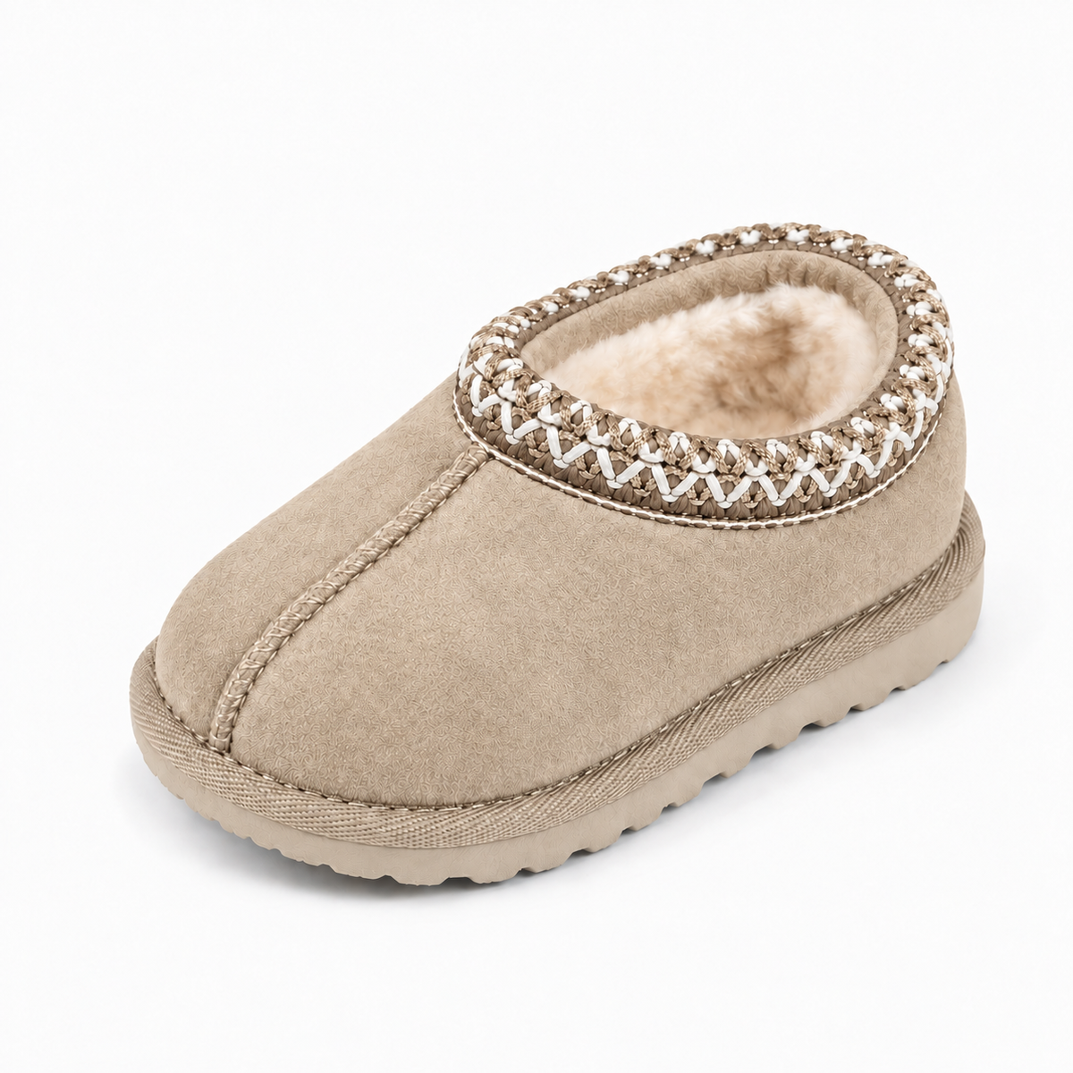 Beige kids cosy moccasin slippers with woven trim and gripped sole