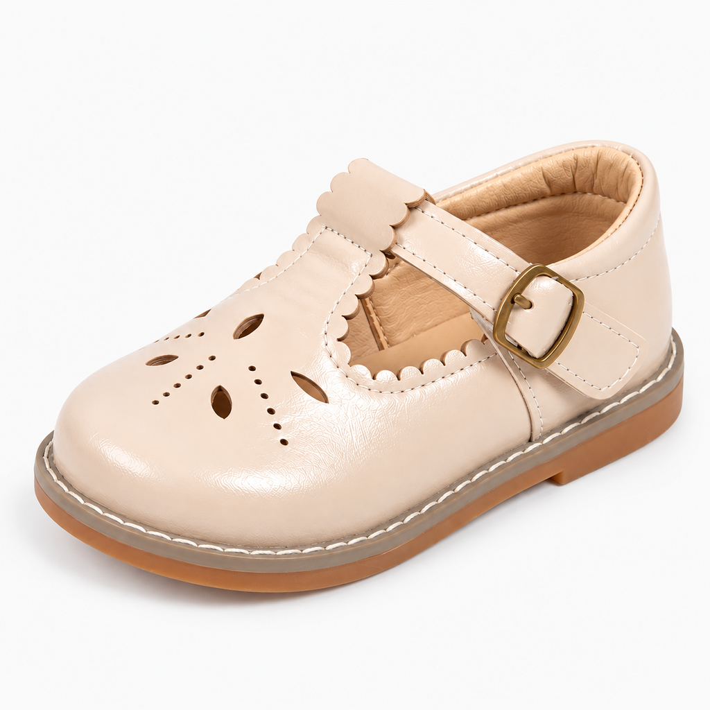 Beige Kids Mary Jane Breathable Ballet Flats with scalloped strap and buckle - premium kids shoes