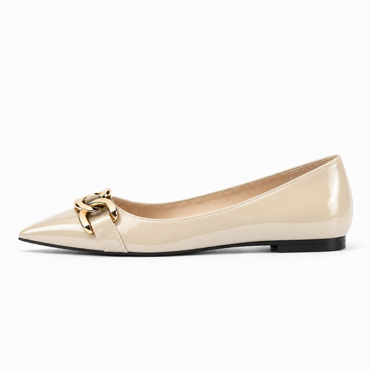 Beige Womens Pointed Toe Metal Buckle Ballet Flats - women's ballet flats UK