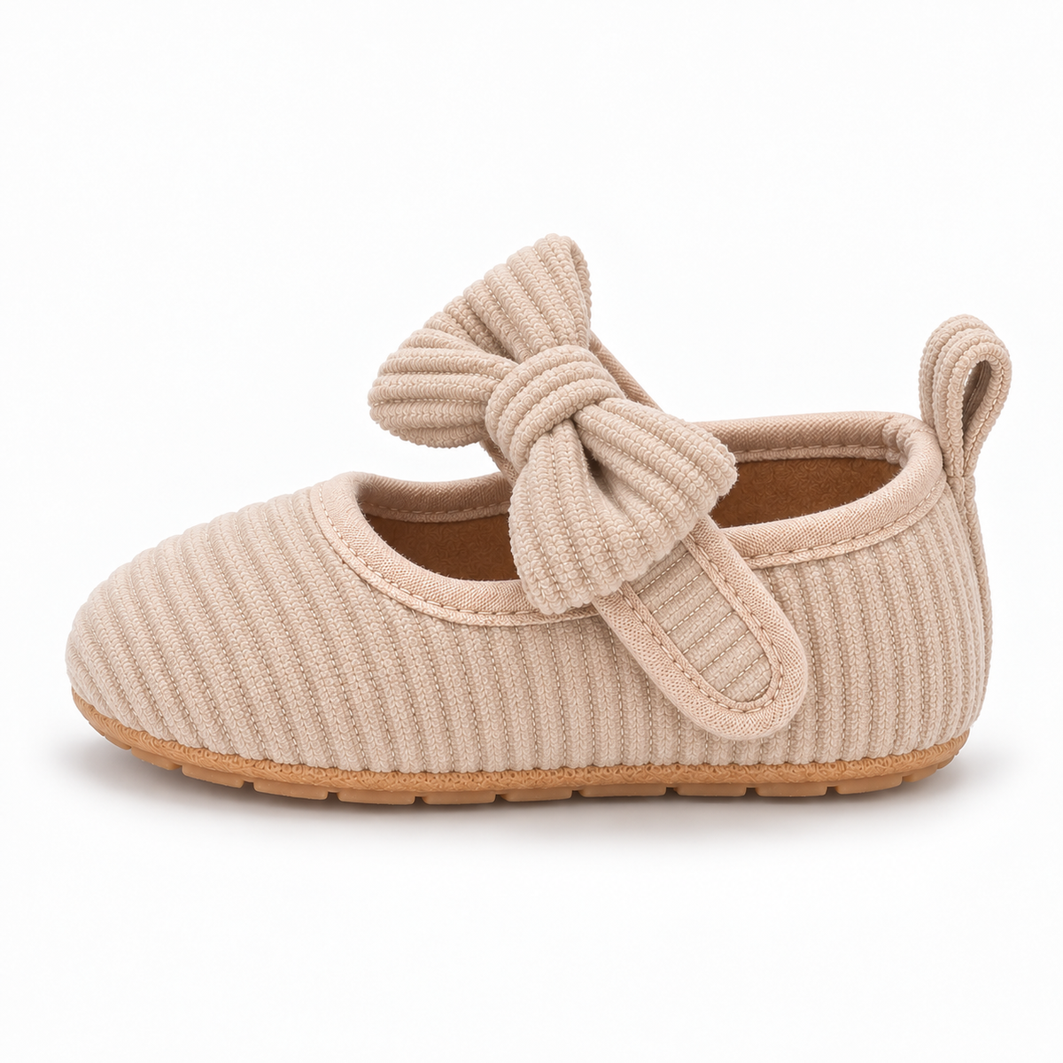 Baby Bow Corduroy Mary Jane Shoes Beige - beige baby first walker shoes with bow and soft sole
