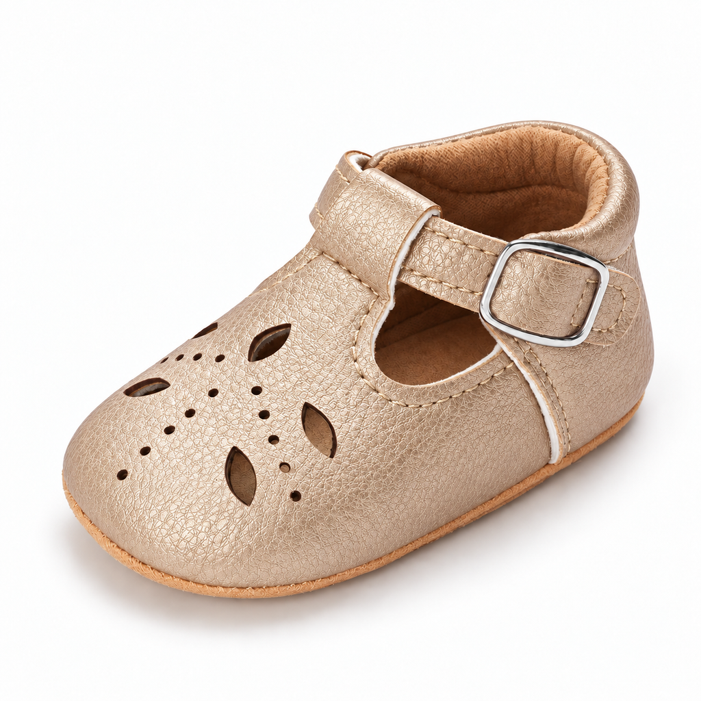 Baby Cut Out Mary Jane Shoes Beige variant image - Beige baby cut out Mary Jane shoes with decorative perforations, buckle strap and soft flexible baby sole.