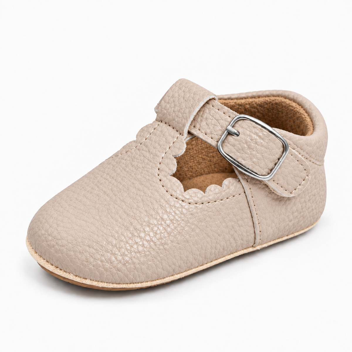 Beige Baby Mary Jane Pre Walker Shoes with secure buckle, soft baby pre walker shoes