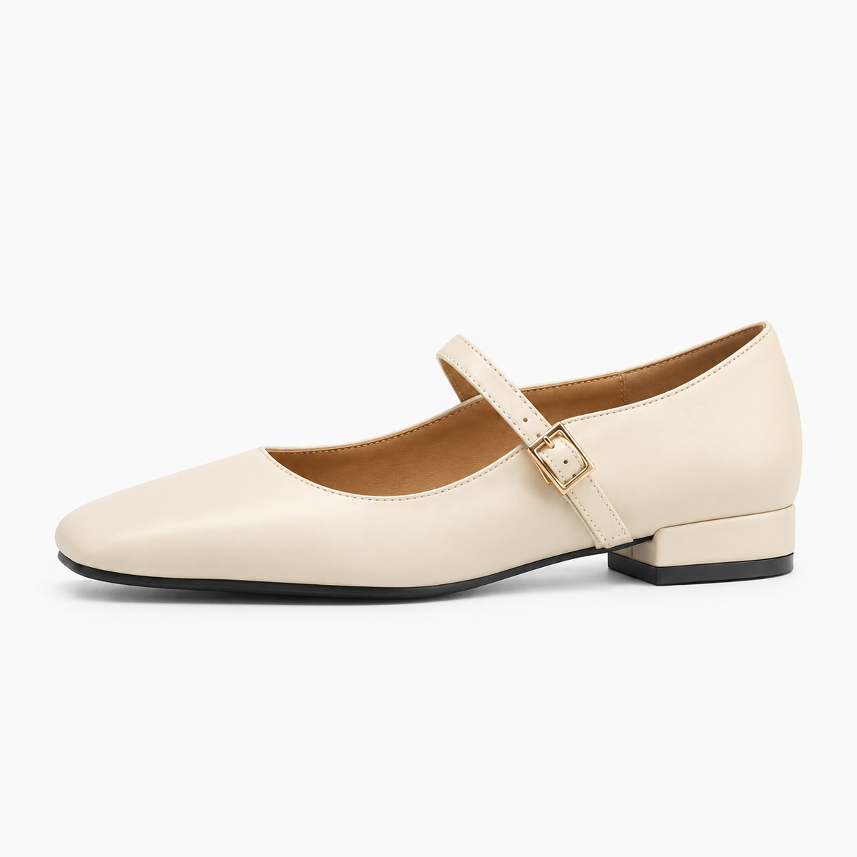 Beige square toe ballet flats - studio side view. Premium studio side view of beige square toe Mary Jane ballet flats with slim strap, gold buckle, tan lining and black outsole.