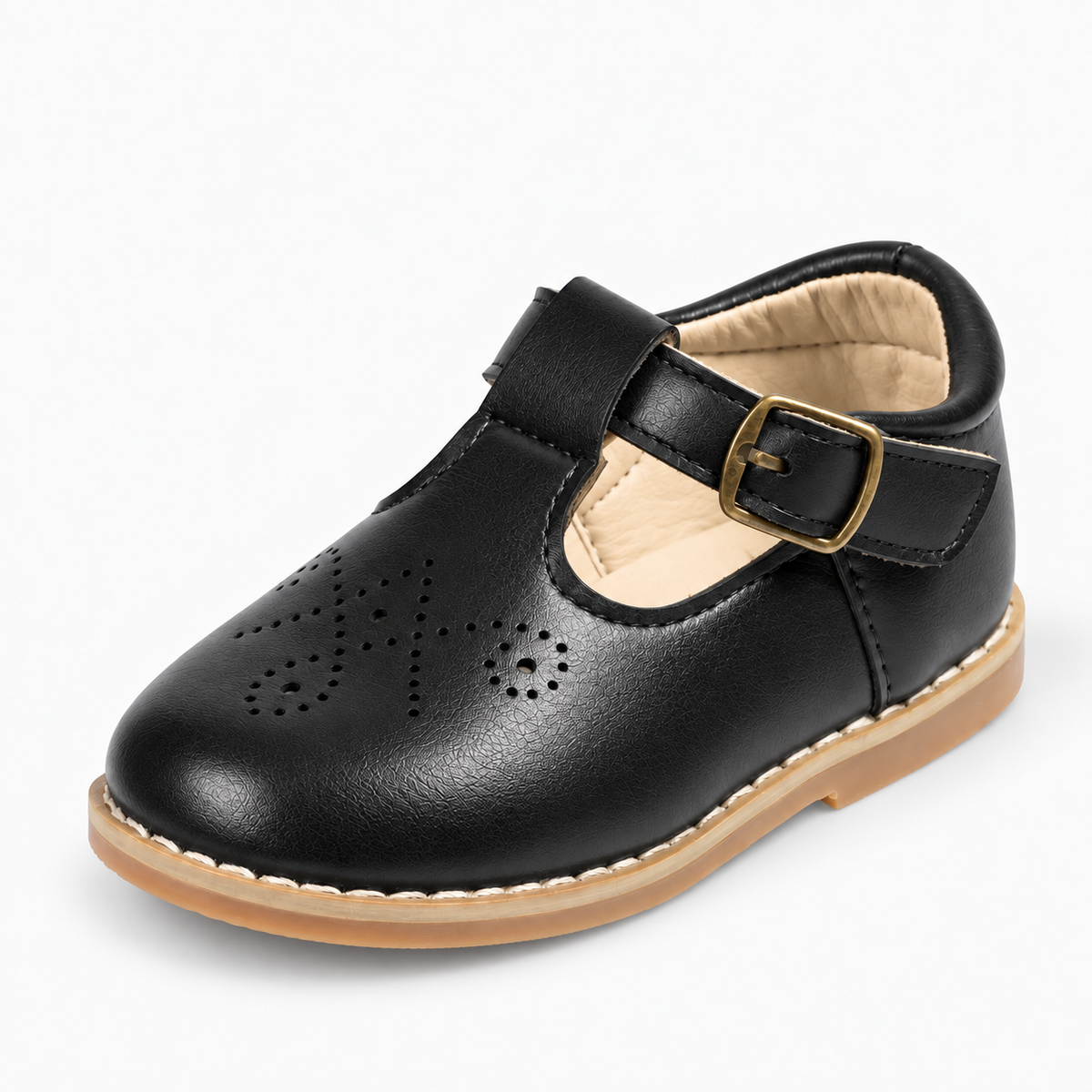 Kids Leather Walking Retro Ballet Flats Black - chaussure enfant noire en cuir a bride boucle