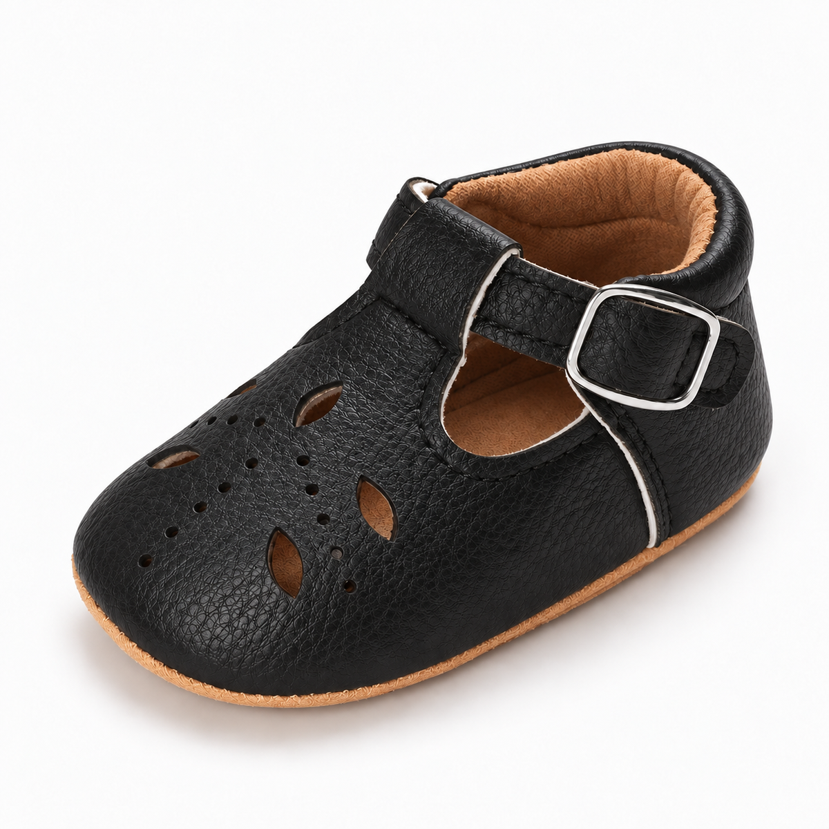 Baby Cut Out Mary Jane Shoes Black variant image - Black baby cut out Mary Jane shoes with pebbled leather texture, silver buckle and tan flexible sole.