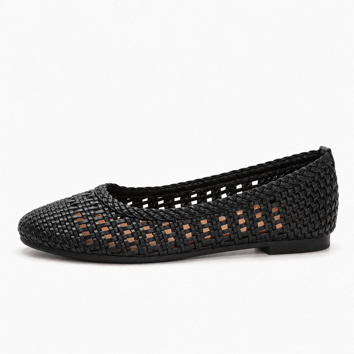 Black Womens Woven Mesh Ballet Flats side view - breathable braided ballet flats for women