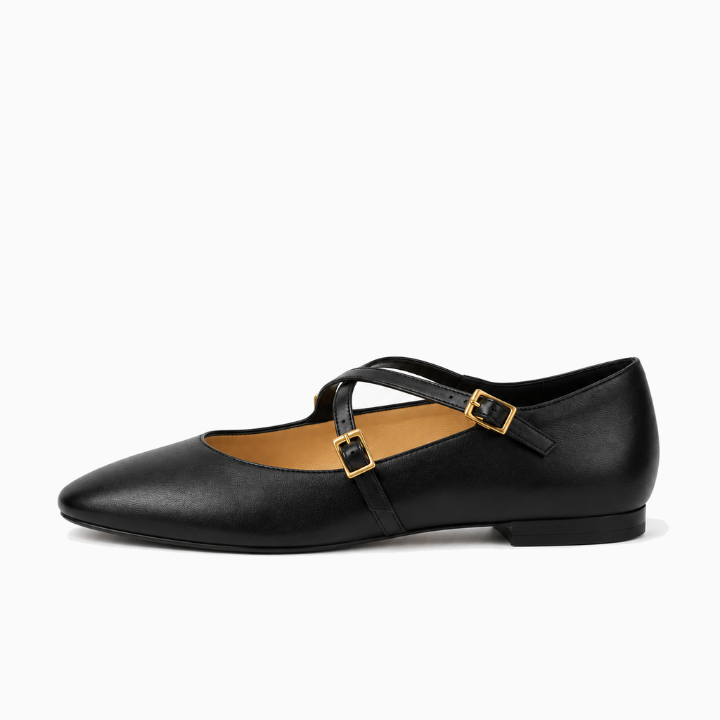 Black Womens Leather Cross Buckle Ballet Flats - women's ballet flats UK