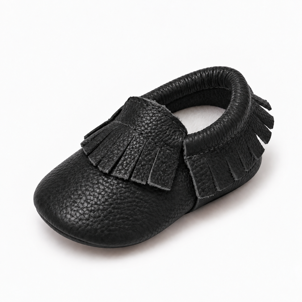 Black baby leather walking ballet flats with soft sole and fringe detail, premium baby moccasin shoes