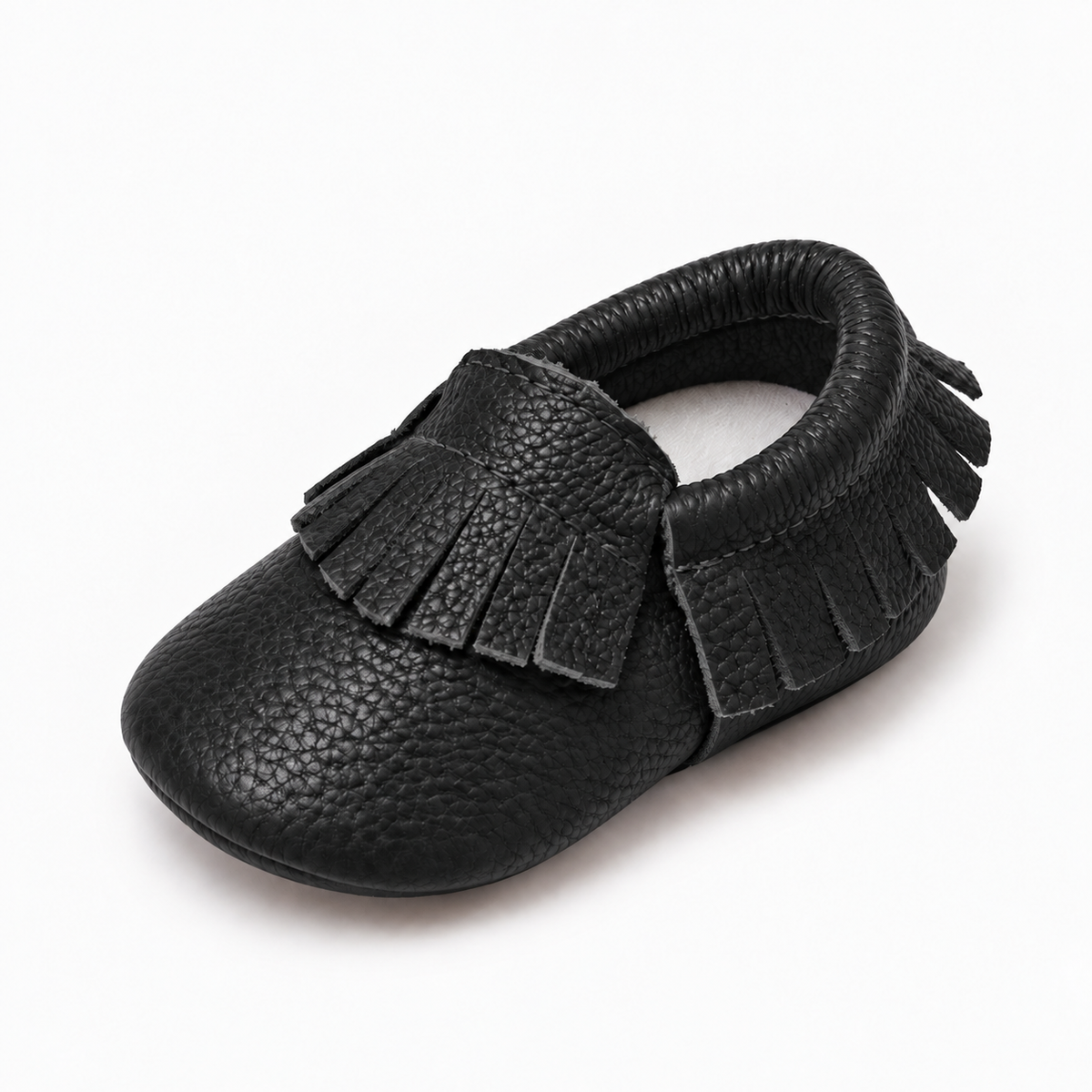 Black baby leather walking ballet flats with soft sole and fringe detail, premium baby moccasin shoes