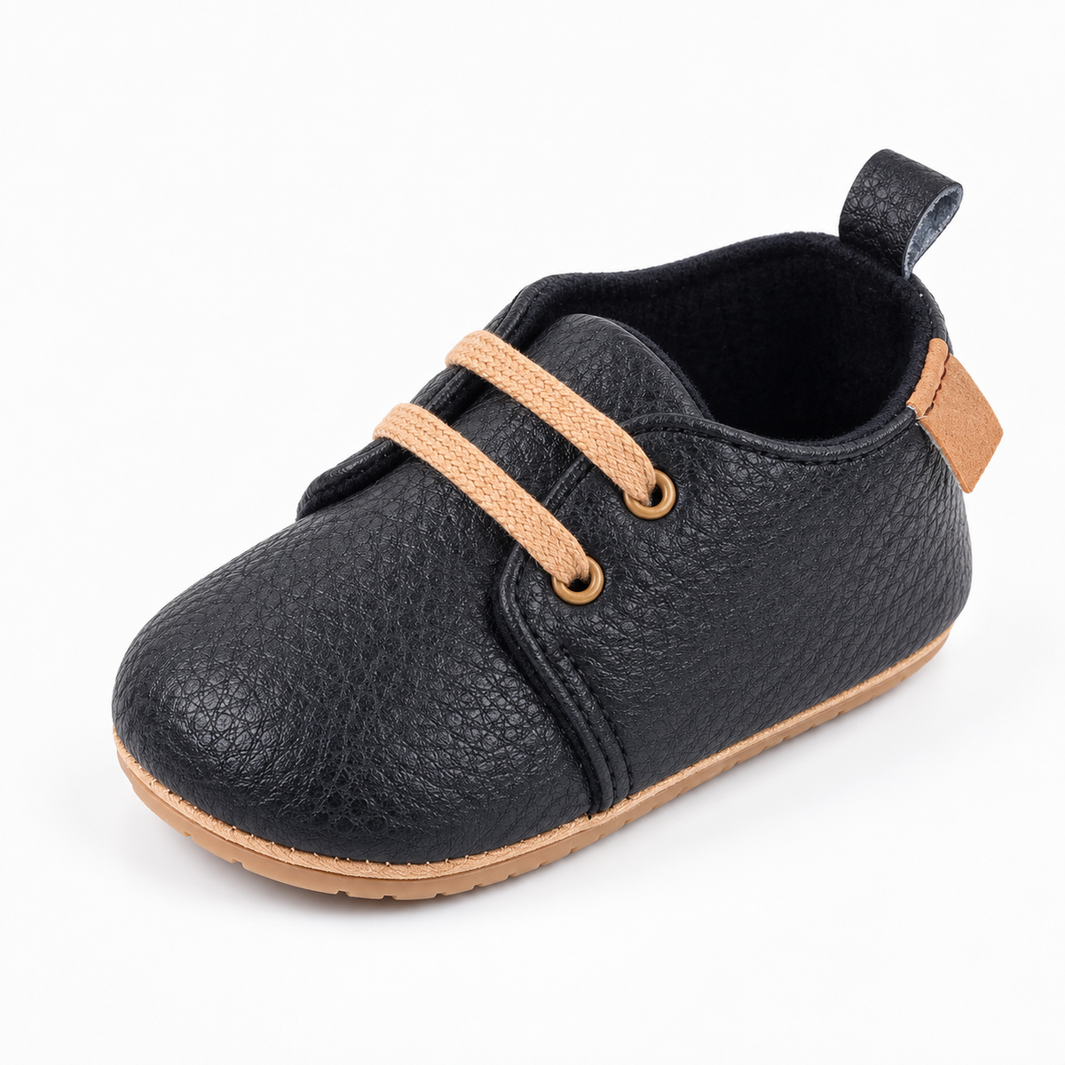 Baby Lace Up First Walker Shoes Black - chaussures bebe premiers pas noires en cuir graine avec lacets camel et semelle souple