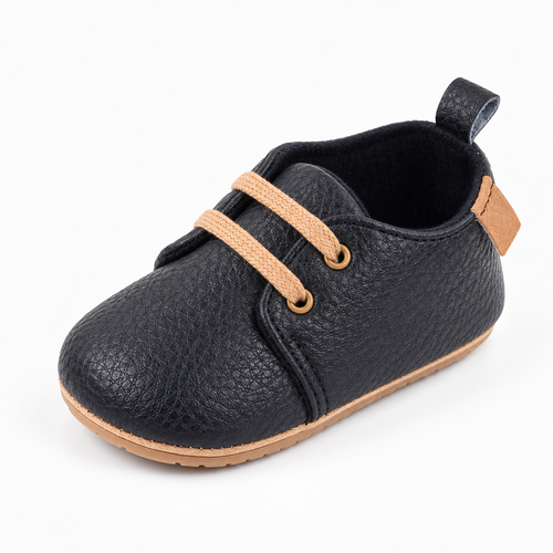 Baby Lace Up First Walker Shoes Black - chaussures bebe premiers pas noires en cuir graine avec lacets camel et semelle souple