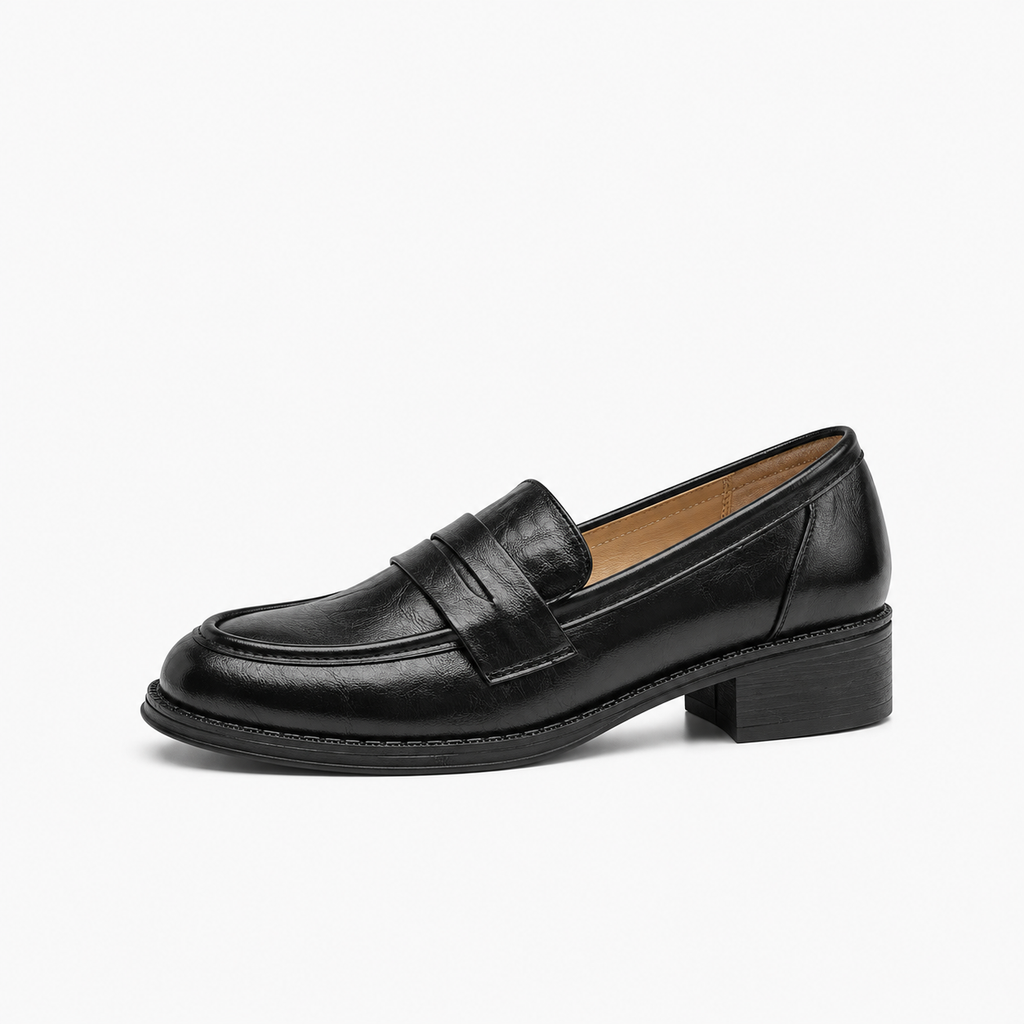 Black Womens Leather Round Toe Comfort Loafers - women's leather loafers UK