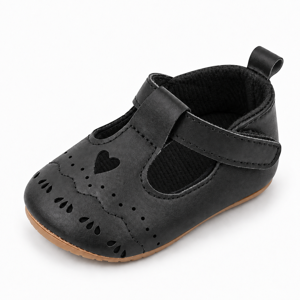 Baby Prewalker Ballet Flats Black - chaussures souples bébé noires avec bride coeur