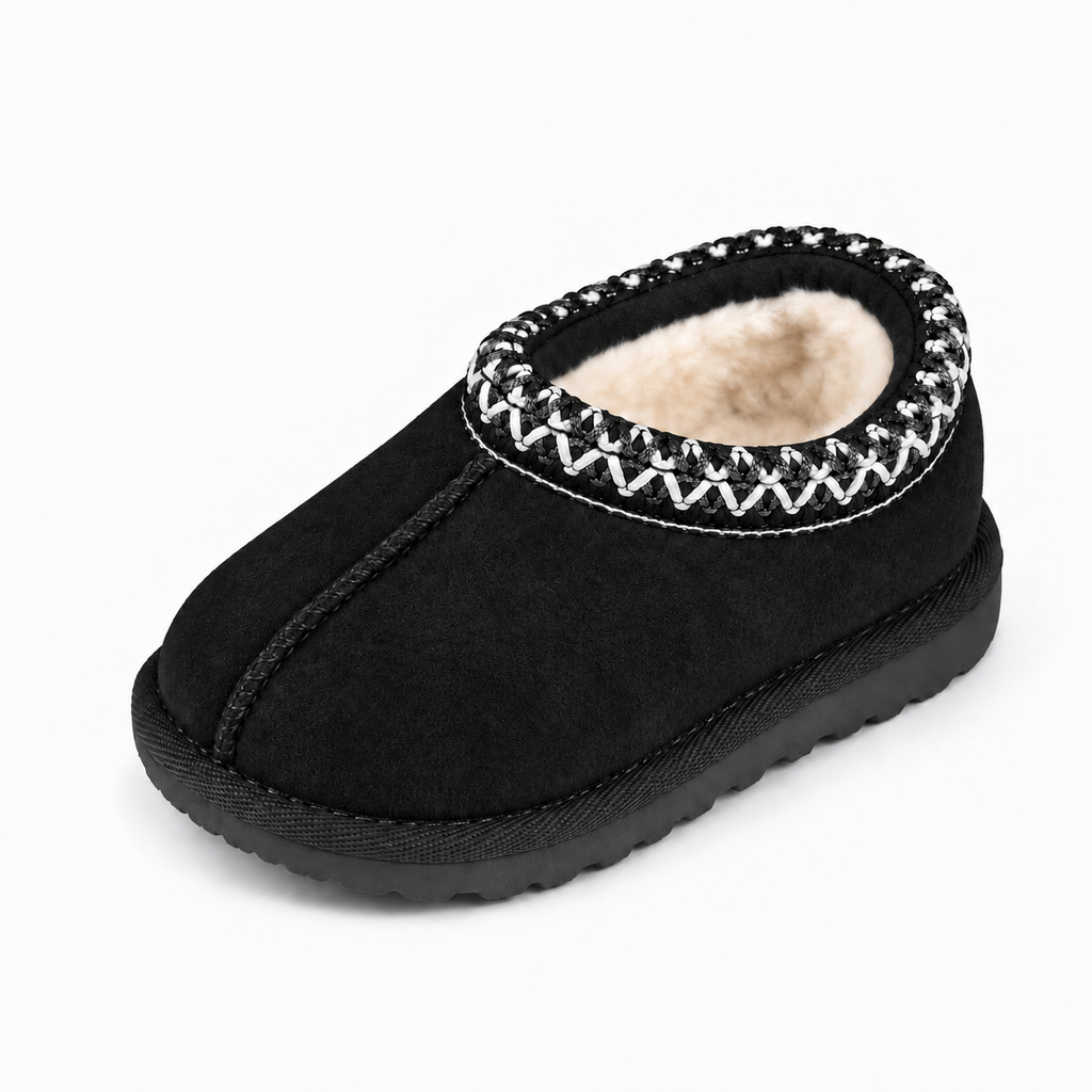 Black kids cosy moccasin slippers with plush lining