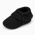 Black Baby Bow Comfort Non Slip Ballet Flats, soft suede-look baby moccasin shoes with fringe