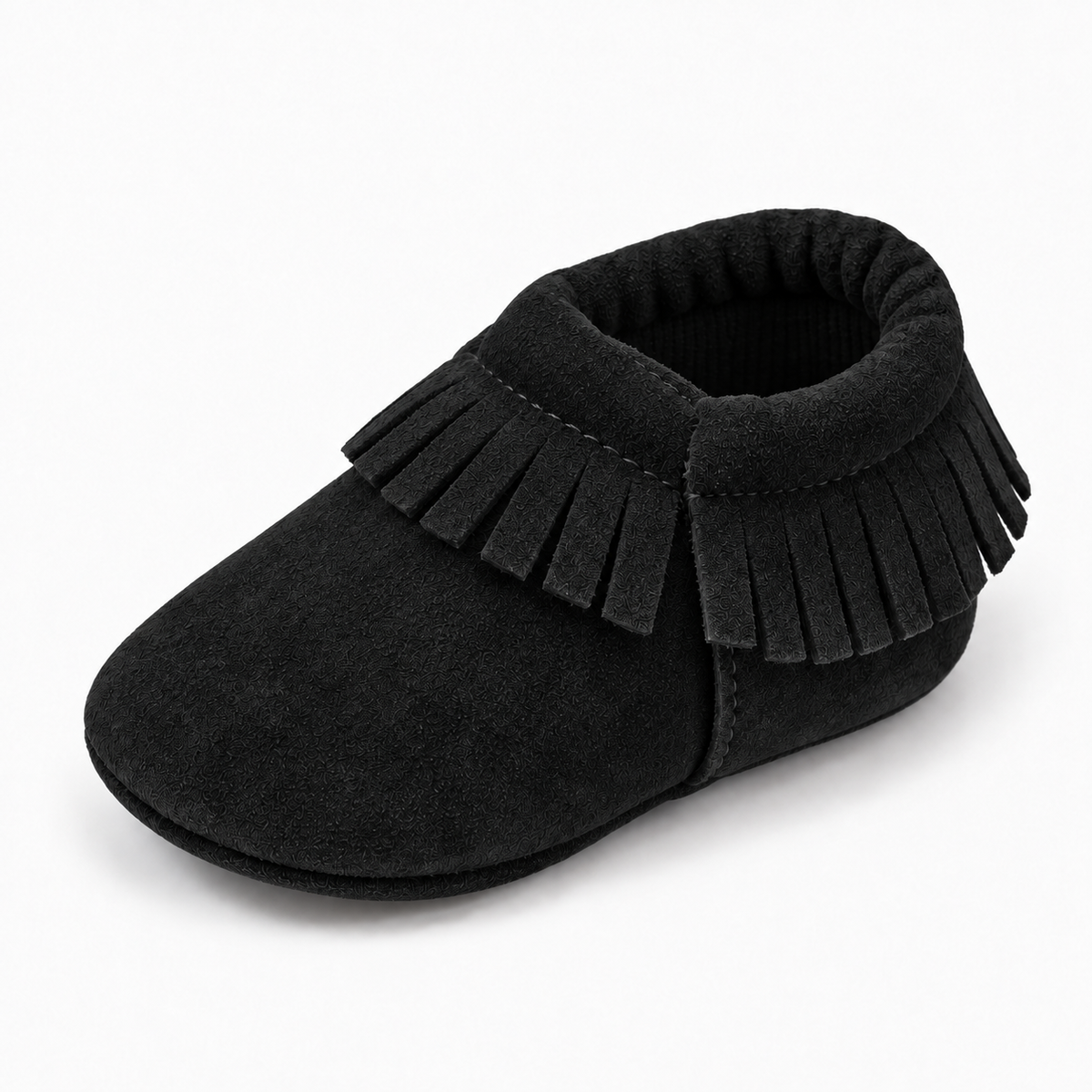 Black Baby Bow Comfort Non Slip Ballet Flats, soft suede-look baby moccasin shoes with fringe