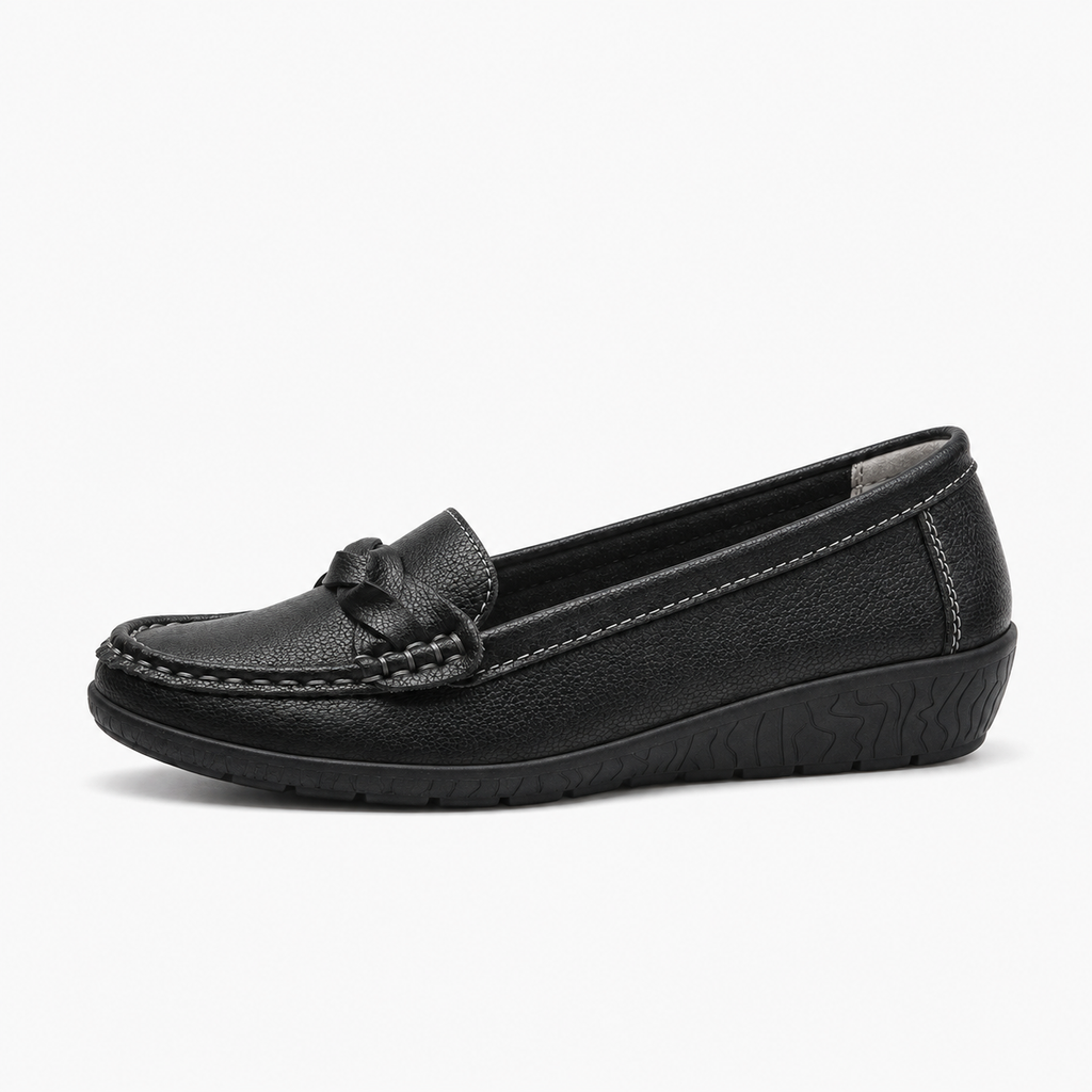 Black Womens Leather Round Toe Casual Loafers - women's leather loafers UK