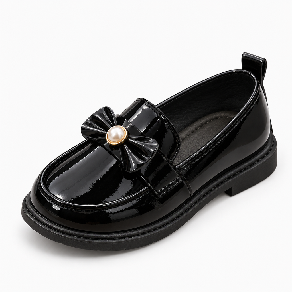 Black Pearl Kids Patent Bow Loafers with glossy bow and pearl detail - premium kids shoes