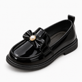 Black Pearl Kids Patent Bow Loafers with glossy bow and pearl detail - premium kids shoes