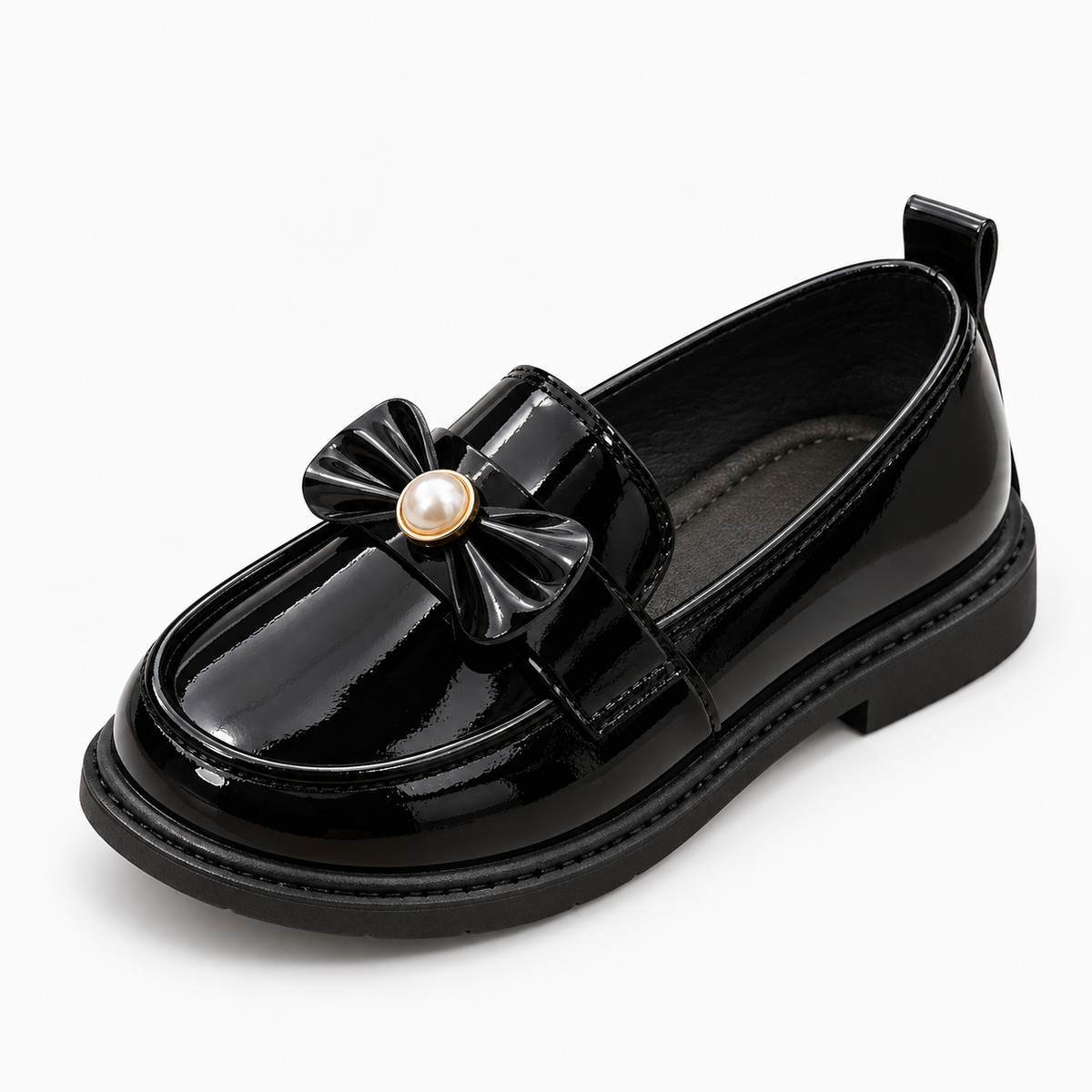 Black Pearl Kids Patent Bow Loafers with glossy bow and pearl detail - premium kids shoes