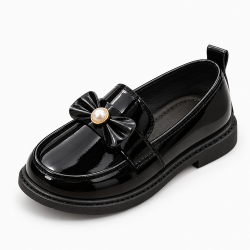 Black Pearl Kids Patent Bow Loafers with glossy bow and pearl detail - premium kids shoes