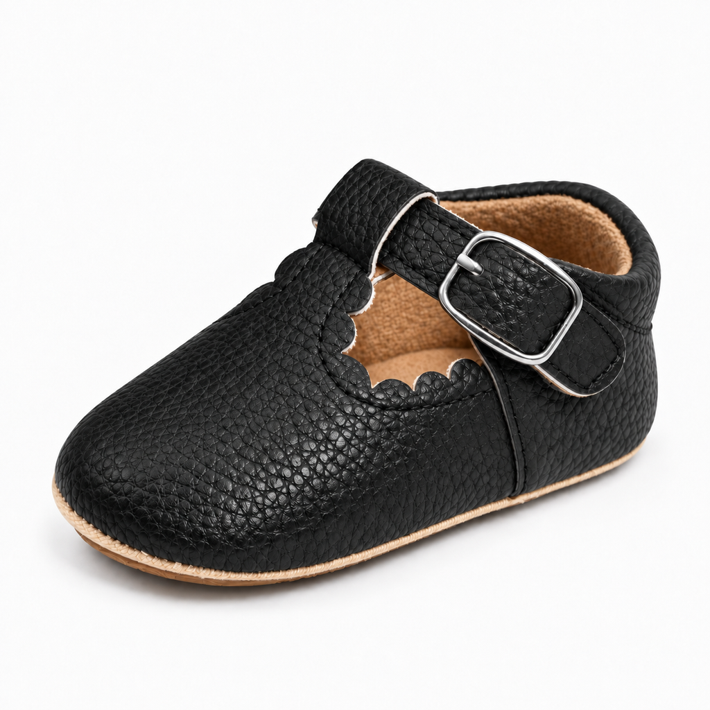 Black Baby Mary Jane Pre Walker Shoes with buckle strap, soft baby first walking shoes