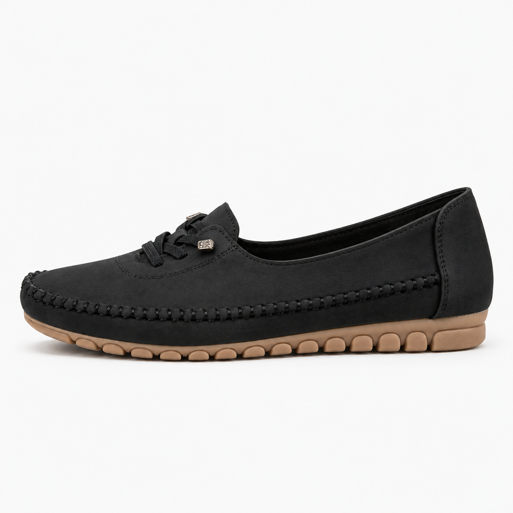 Black womens soft round toe comfort loafers, side profile, flexible tan sole and cushioned casual design