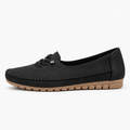 Black womens soft round toe comfort loafers, side profile, flexible tan sole and cushioned casual design