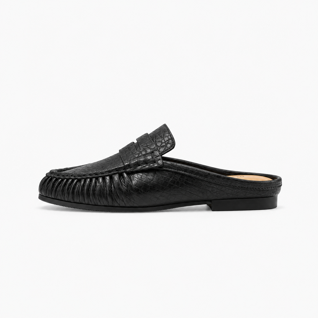 Black Womens Leather Backless Mule Loafers side profile - womens mule loafers UK