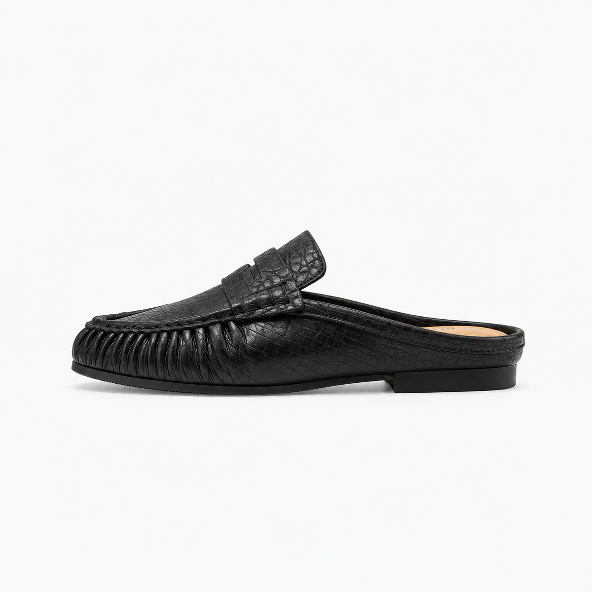 Black Womens Leather Backless Mule Loafers side profile - womens mule loafers UK