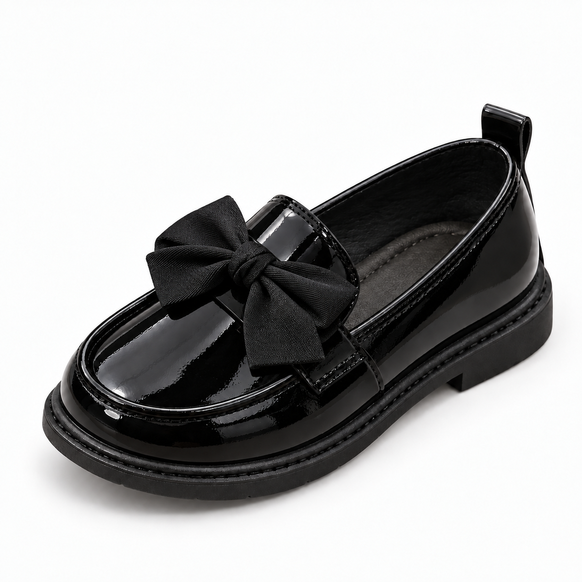 Black Kids Patent Bow Loafers with glossy loafer finish and black bow - premium kids shoes