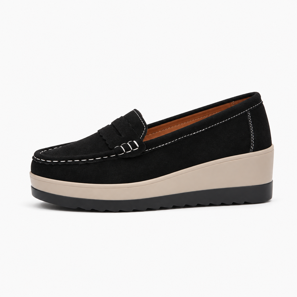 Black Womens Leather Round Toe Platform Loafers - women's leather loafers UK