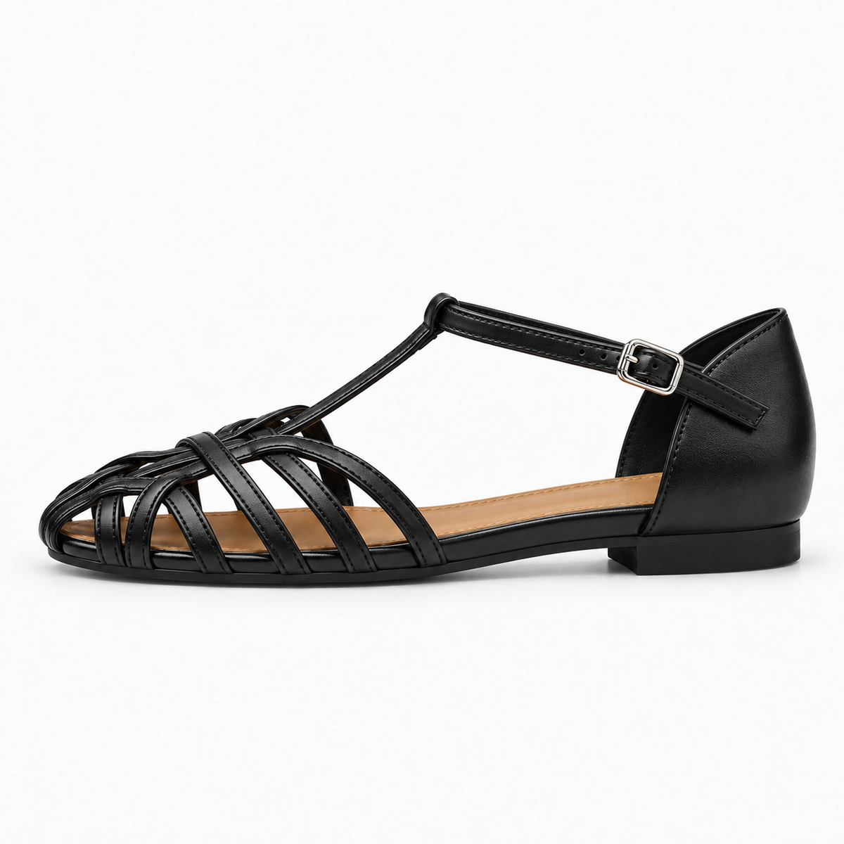 Black womens T bar woven ballet flats side view with ankle strap