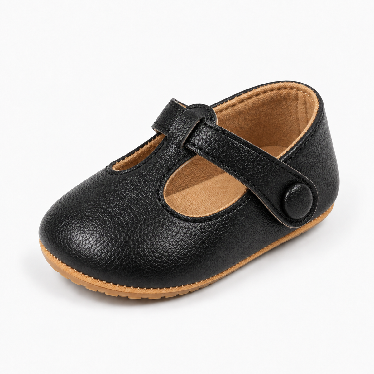 Black baby bow leather princess ballet flats, premium product photo with soft sole and button strap