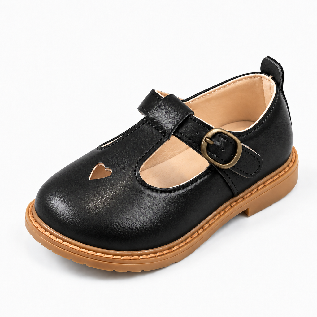 Black kids school ballet flats with heart cutout, buckle strap and tan sole - premium girls and boys school shoes