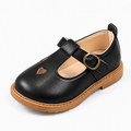 Black kids school ballet flats with heart cutout, buckle strap and tan sole - premium girls and boys school shoes