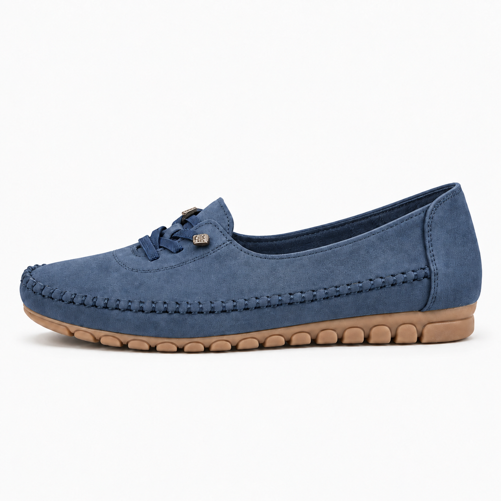 Blue womens soft round toe comfort loafers, soft rounded toe slip-on with flexible tan sole