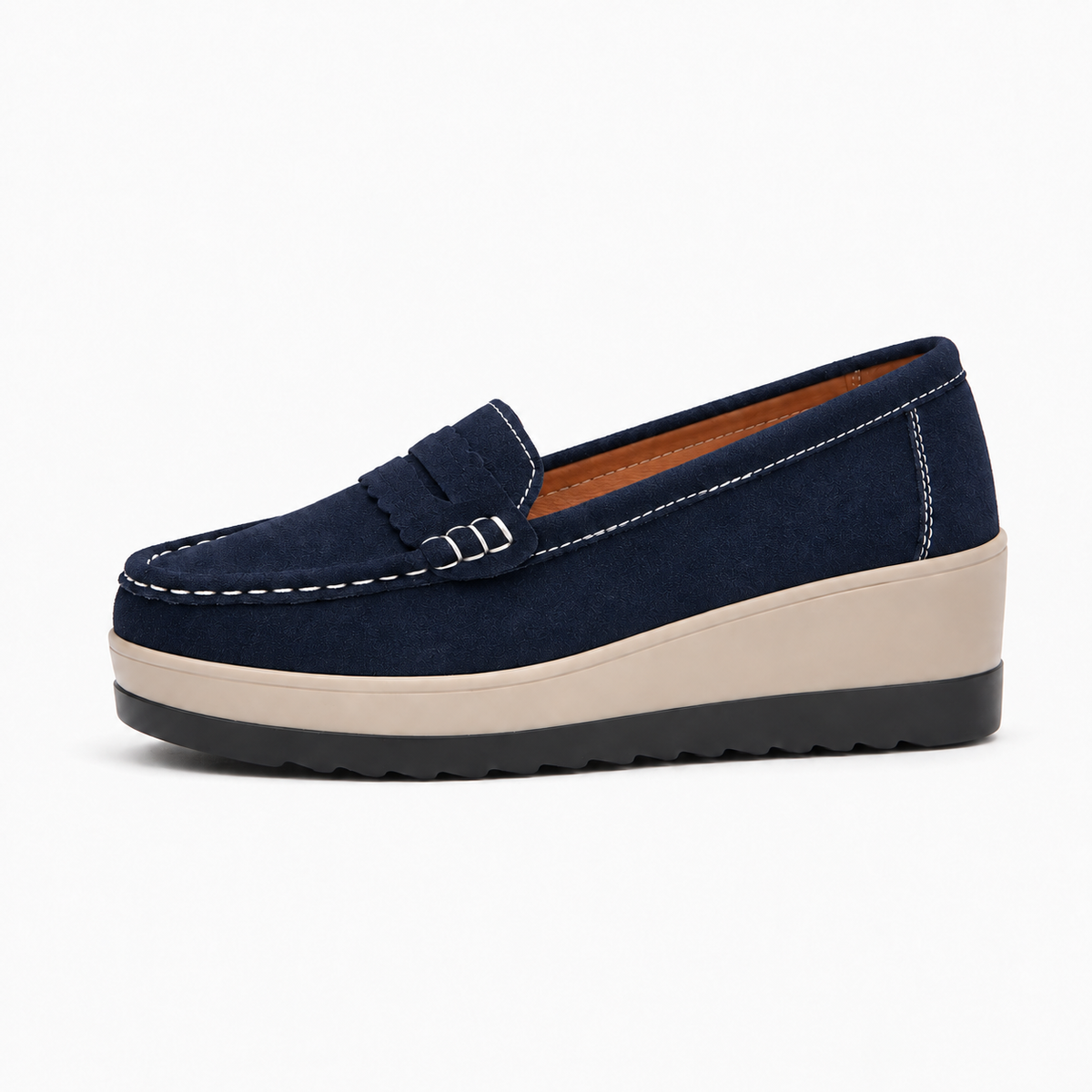Blue Womens Leather Round Toe Platform Loafers - women's leather loafers UK