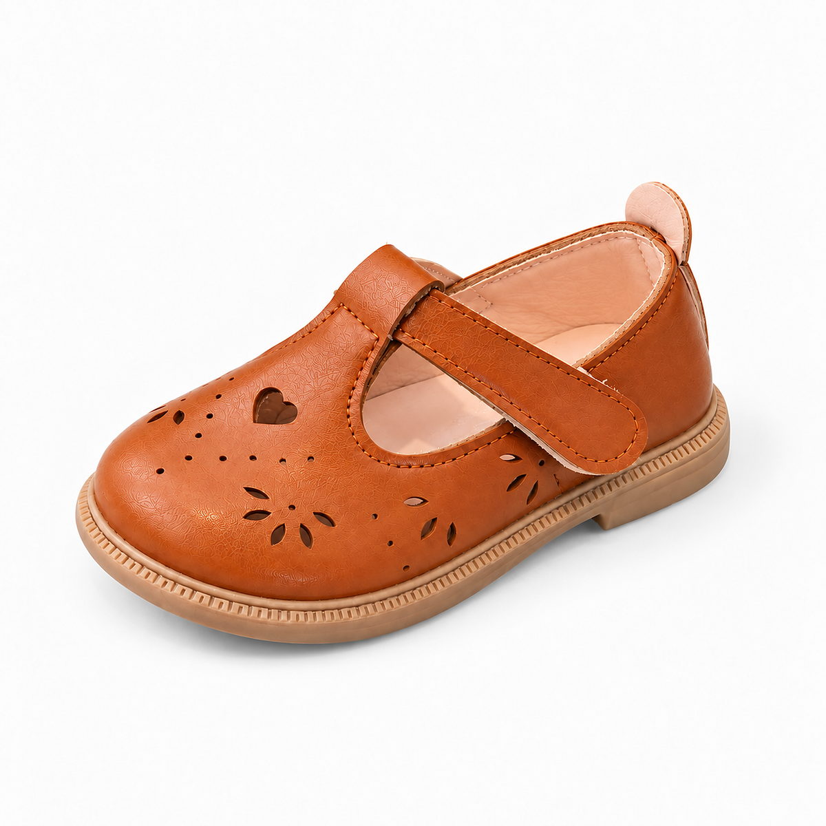Brown baby leather ballet flat with heart cutouts and soft strap - premium toddler shoes