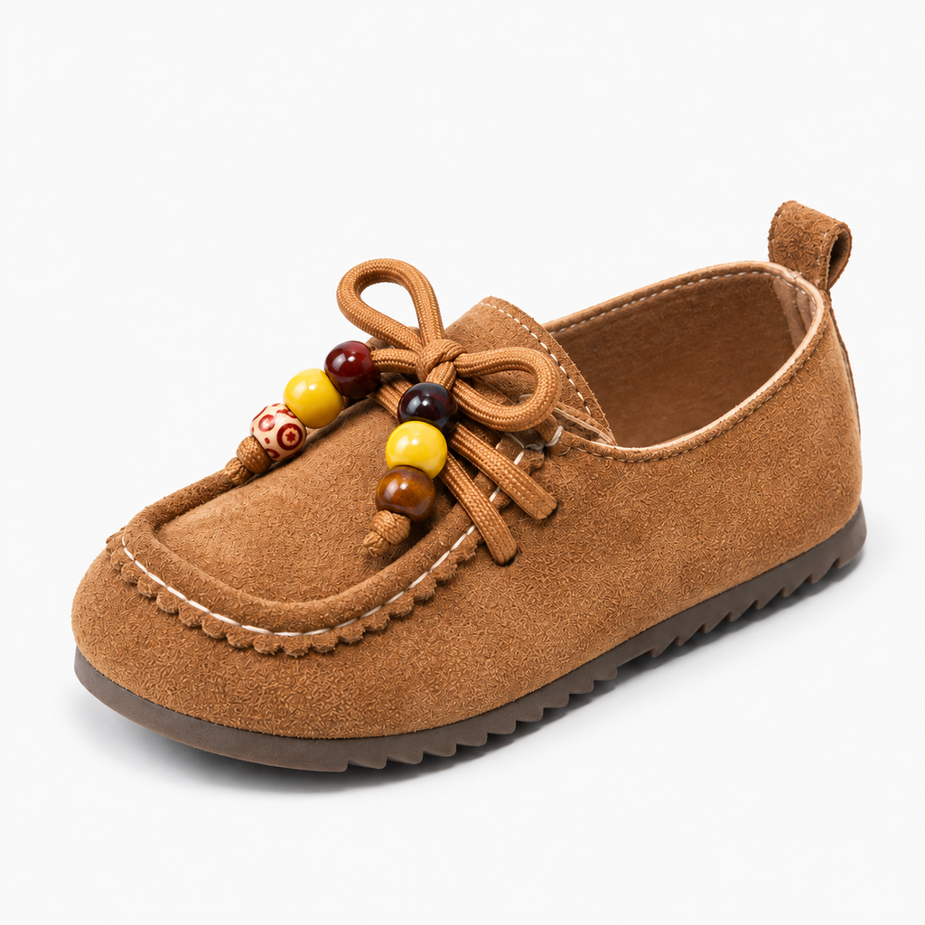 Kids Soft Sole Retro Loafers Brown - brown suede-style toddler loafer with beaded lace detail and flexible sole