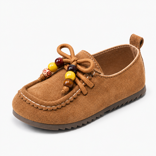 Kids Soft Sole Retro Loafers Brown - brown suede-style toddler loafer with beaded lace detail and flexible sole