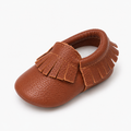 Brown baby leather walking ballet flats with soft sole and fringe detail, premium baby moccasin shoes