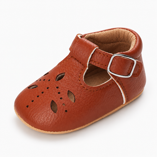 Baby Cut Out Mary Jane Shoes Brown main product image - Brown baby cut out Mary Jane shoes with buckle strap, perforated leather upper and flexible tan sole.