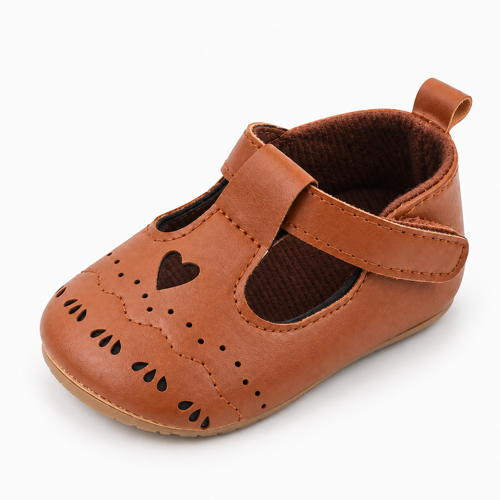 Baby Prewalker Ballet Flats Brown - chaussures souples bébé avec bride coeur et semelle flexible