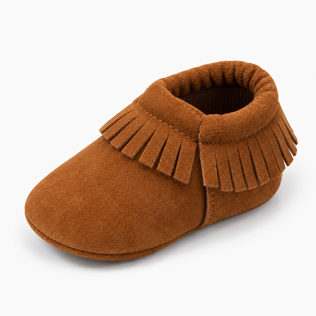 Brown Baby Bow Comfort Non Slip Ballet Flats, soft non-slip baby moccasins with fringe detail