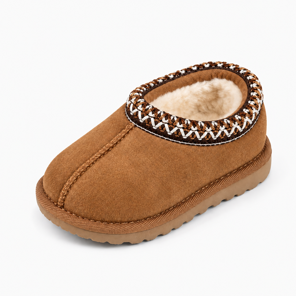 Brown kids cosy moccasin slippers with woven collar trim