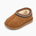 Brown kids cosy moccasin slippers with woven collar trim