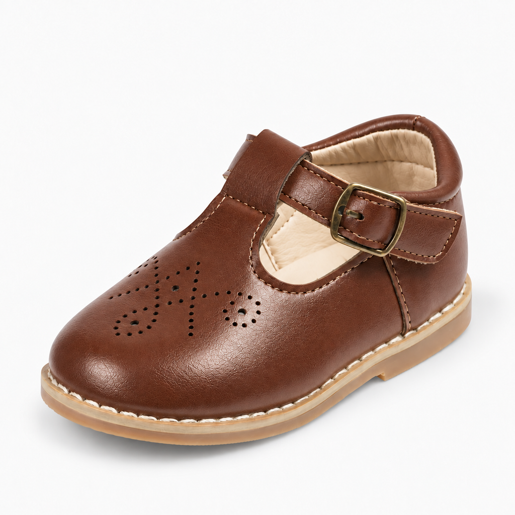 Kids Leather Walking Retro Ballet Flats Brown - chaussure enfant marron en cuir a bride boucle